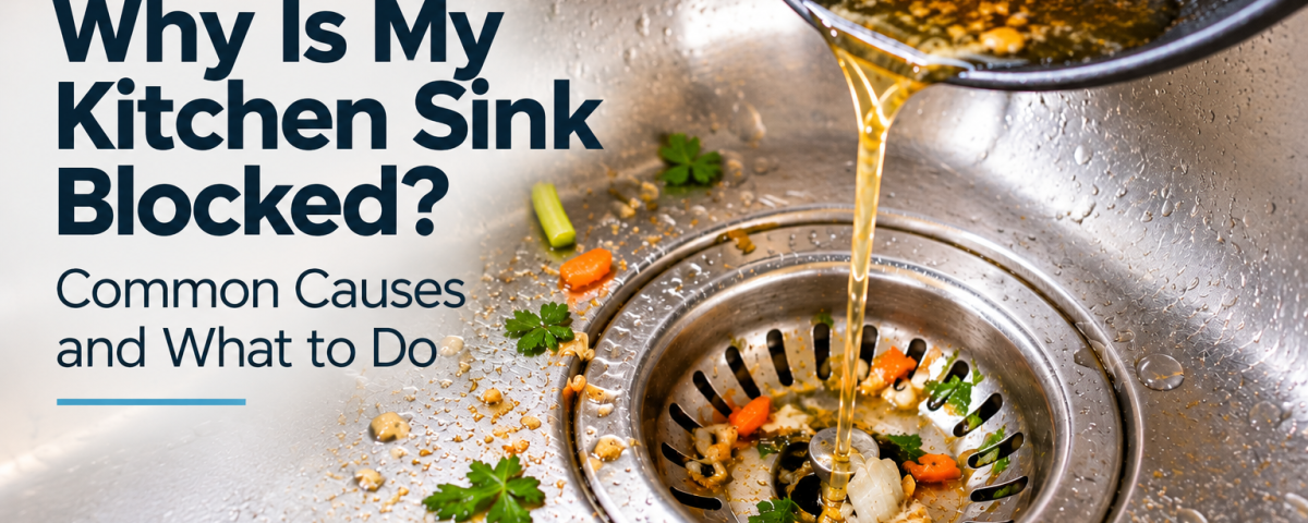 Kitchen sink with food scraps and cooking grease near the drain